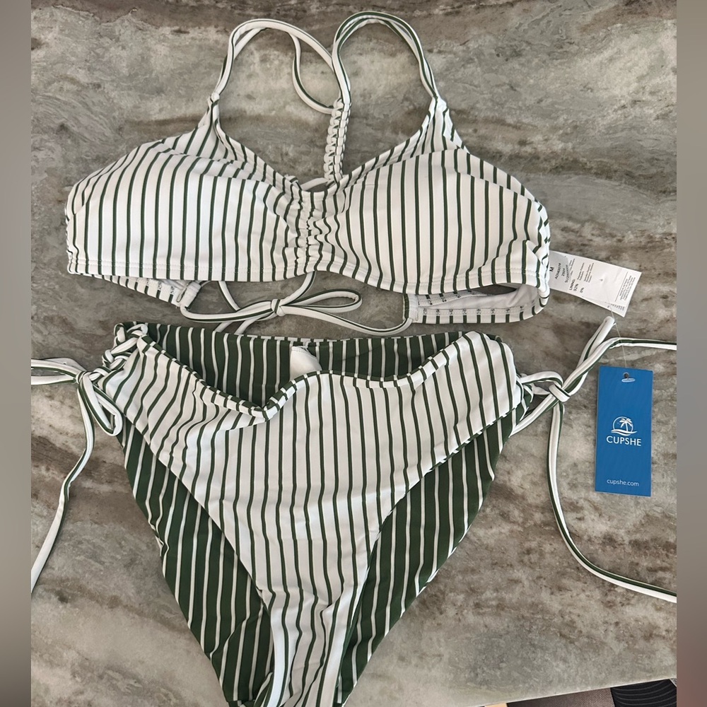 Cupshe Green and White Striped Bikini Set